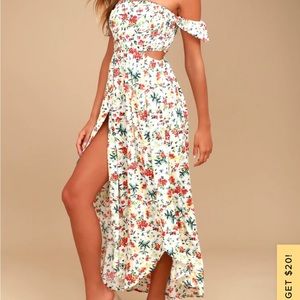 Lulu’s Easy on the Eyes Cream Floral Print Off-the-Shoulder Maxi Dress